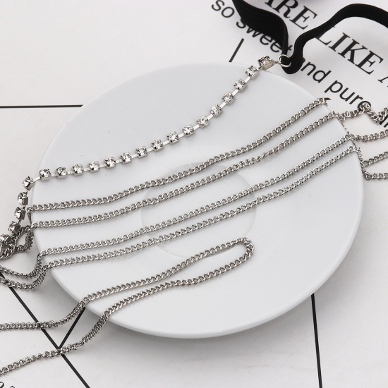 Body Leg Bracelet Chain Necklace Silver Tone Clear Rhinestone 43cm(16 7/8") long, 45cm(17 6/8") long, 1 Piece の画像