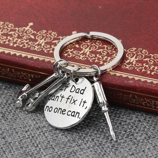 Picture of Keychain & Keyring Screwdriver Antique Silver Hammer Message " If Dad can't fix it no one can " 60mm, 1 Piece