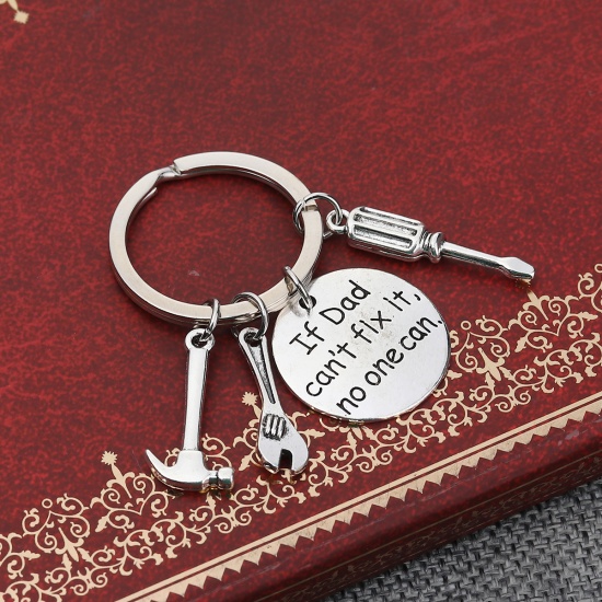 Picture of Keychain & Keyring Screwdriver Antique Silver Hammer Message " If Dad can't fix it no one can " 60mm, 1 Piece