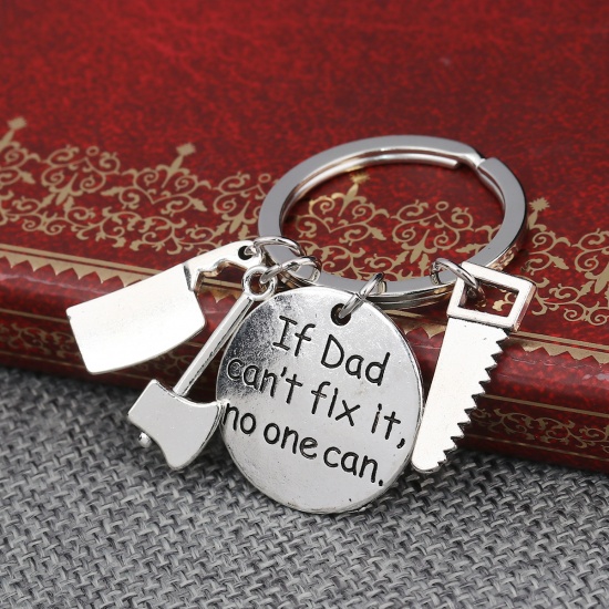 Picture of Keychain & Keyring Axe Antique Silver Round Message " If Dad can't fix it no one can " 55mm, 1 Piece