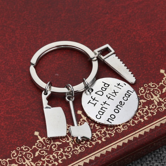 Picture of Keychain & Keyring Axe Antique Silver Round Message " If Dad can't fix it no one can " 55mm, 1 Piece