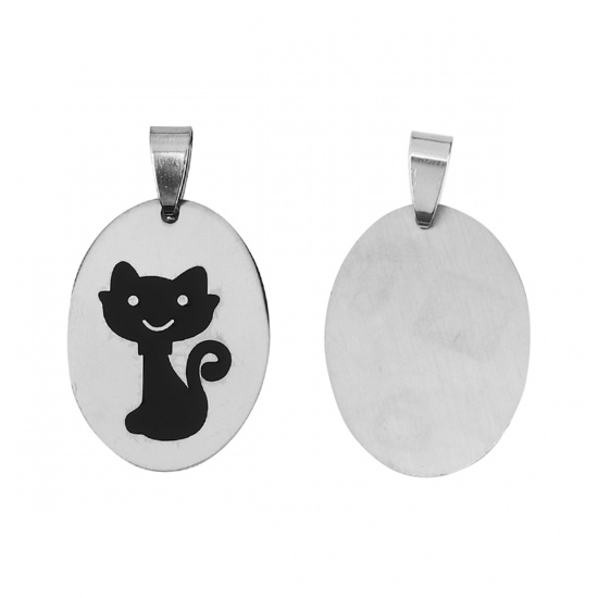 Изображение Stainless Steel Pendants Oval Silver Tone Black Cat Enamel 37mm(1 4/8") x 22mm( 7/8"), 2 PCs