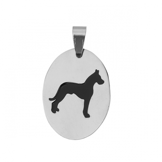 Picture of Stainless Steel Pendants Oval Silver Tone Black Dog Enamel 37mm(1 4/8") x 22mm( 7/8"), 2 PCs