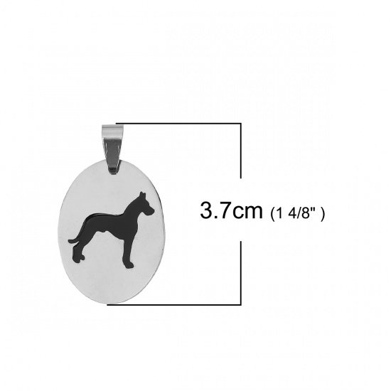 Изображение Stainless Steel Pendants Oval Silver Tone Black Dog Enamel 37mm(1 4/8") x 22mm( 7/8"), 2 PCs