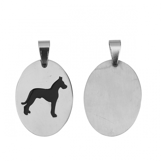 Изображение Stainless Steel Pendants Oval Silver Tone Black Dog Enamel 37mm(1 4/8") x 22mm( 7/8"), 2 PCs