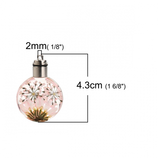 Picture of Glass & Dried Flower Pendants Round Chrysanthemum Flower Pink Transparent LED Light Up 43mm(1 6/8") x 30mm(1 1/8"), 2 PCs
