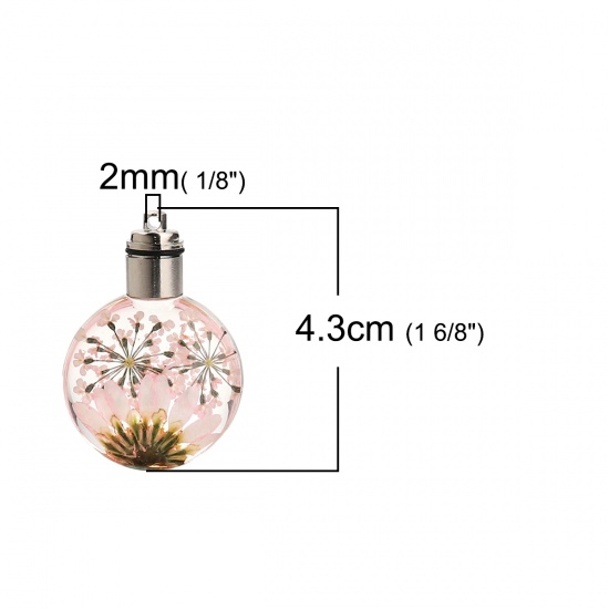 Image de Pendentifs en Verre & Fleurs Séchées Rond Chrysanthème Rose Transparent LED Lumineux 43mm x 30mm, 2 Pcs