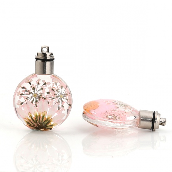 Picture of Glass & Dried Flower Pendants Round Chrysanthemum Flower Pink Transparent LED Light Up 43mm(1 6/8") x 30mm(1 1/8"), 2 PCs