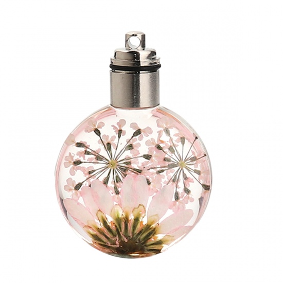 Picture of Glass & Dried Flower Pendants Round Chrysanthemum Flower Pink Transparent LED Light Up 43mm(1 6/8") x 30mm(1 1/8"), 2 PCs