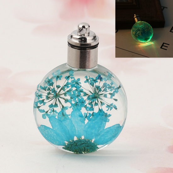 Picture of Glass & Dried Flower Pendants Round Chrysanthemum Flower Lake Blue Transparent LED Light Up 43mm(1 6/8") x 30mm(1 1/8"), 2 PCs
