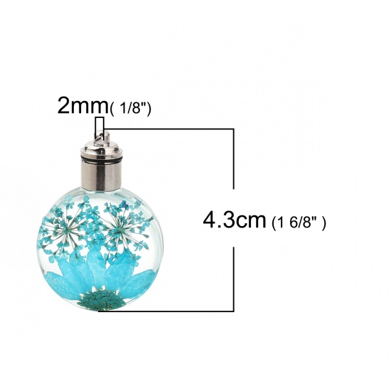 Picture of Glass & Dried Flower Pendants Round Chrysanthemum Flower Lake Blue Transparent LED Light Up 43mm(1 6/8") x 30mm(1 1/8"), 2 PCs