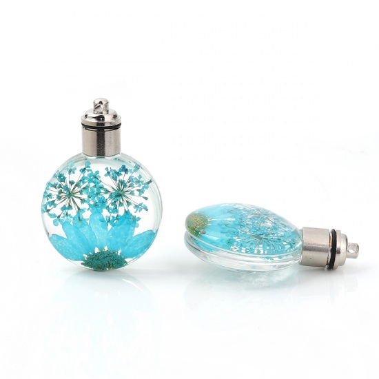Picture of Glass & Dried Flower Pendants Round Chrysanthemum Flower Lake Blue Transparent LED Light Up 43mm(1 6/8") x 30mm(1 1/8"), 2 PCs