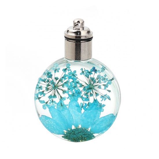 Picture of Glass & Dried Flower Pendants Round Chrysanthemum Flower Lake Blue Transparent LED Light Up 43mm(1 6/8") x 30mm(1 1/8"), 2 PCs