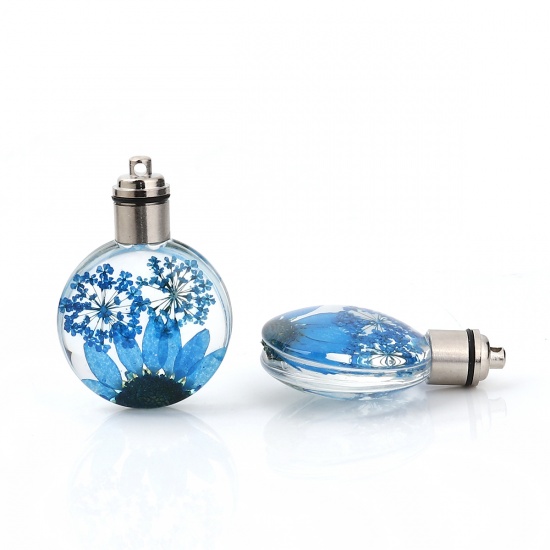 Picture of Glass & Dried Flower Pendants Round Chrysanthemum Flower Peacock Blue Transparent LED Light Up 43mm(1 6/8") x 30mm(1 1/8"), 2 PCs