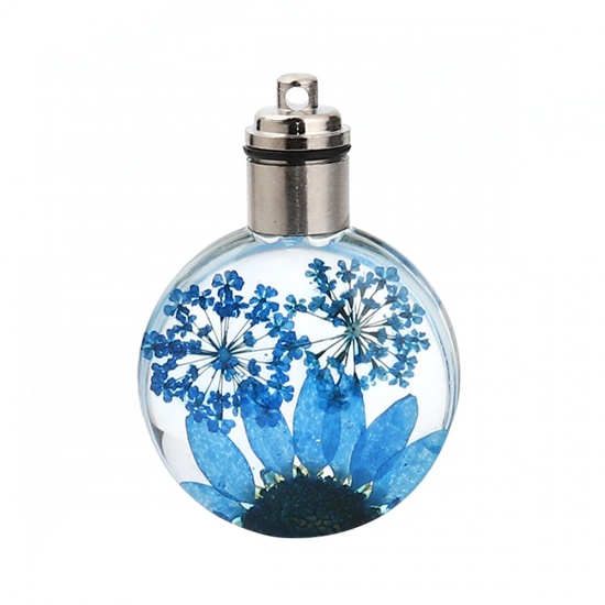 Picture of Glass & Dried Flower Pendants Round Chrysanthemum Flower Peacock Blue Transparent LED Light Up 43mm(1 6/8") x 30mm(1 1/8"), 2 PCs