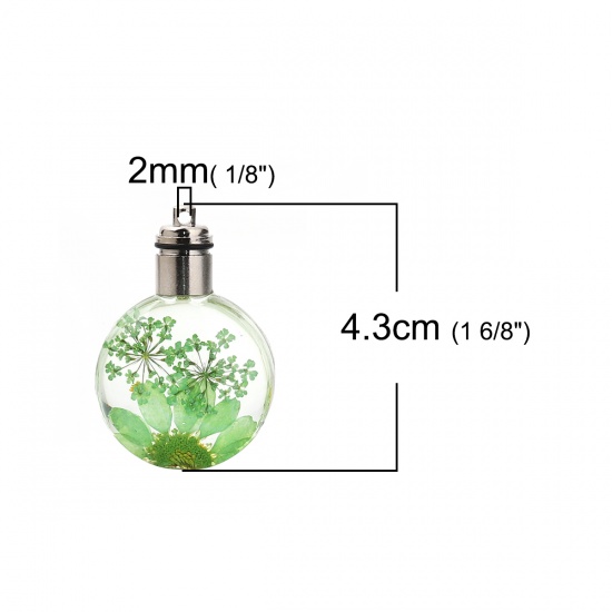 Picture of Glass & Dried Flower Pendants Round Chrysanthemum Flower Green Transparent LED Light Up 43mm(1 6/8") x 30mm(1 1/8"), 2 PCs