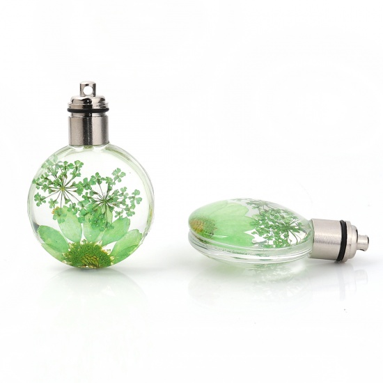 Picture of Glass & Dried Flower Pendants Round Chrysanthemum Flower Green Transparent LED Light Up 43mm(1 6/8") x 30mm(1 1/8"), 2 PCs