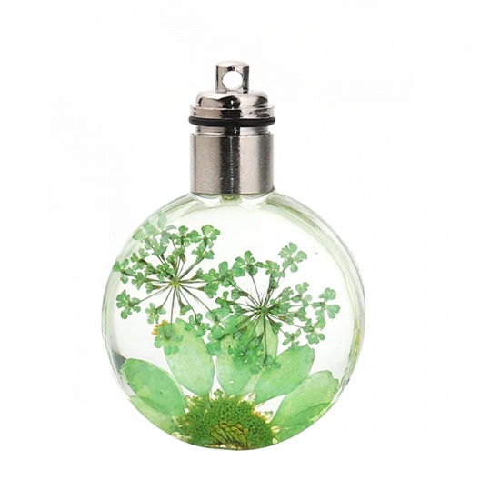 Picture of Glass & Dried Flower Pendants Round Chrysanthemum Flower Green Transparent LED Light Up 43mm(1 6/8") x 30mm(1 1/8"), 2 PCs
