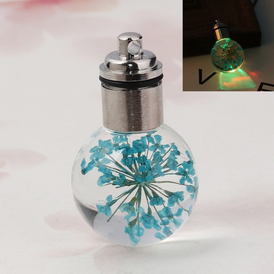 Picture of Glass & Dried Flower Pendants Ball Lake Blue Transparent LED Light Up 33mm(1 2/8") x 20mm( 6/8"), 2 PCs