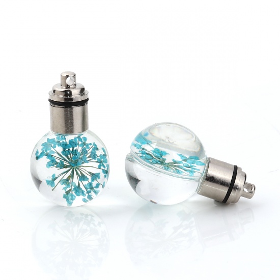 Picture of Glass & Dried Flower Pendants Ball Lake Blue Transparent LED Light Up 33mm(1 2/8") x 20mm( 6/8"), 2 PCs