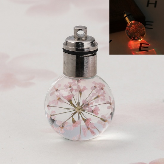 Picture of Glass & Dried Flower Pendants Ball Pink Transparent LED Light Up 33mm(1 2/8") x 20mm( 6/8"), 2 PCs