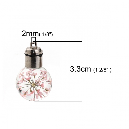 Picture of Glass & Dried Flower Pendants Ball Pink Transparent LED Light Up 33mm(1 2/8") x 20mm( 6/8"), 2 PCs