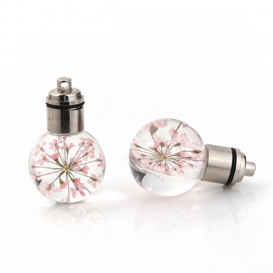 Picture of Glass & Dried Flower Pendants Ball Pink Transparent LED Light Up 33mm(1 2/8") x 20mm( 6/8"), 2 PCs