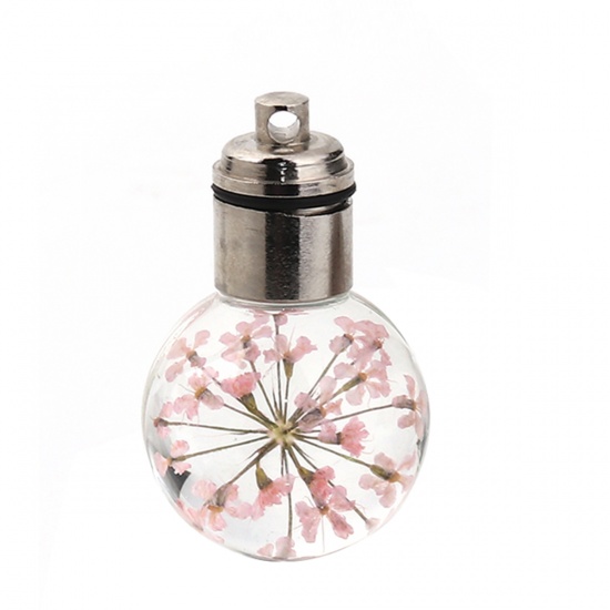 Picture of Glass & Dried Flower Pendants Ball Pink Transparent LED Light Up 33mm(1 2/8") x 20mm( 6/8"), 2 PCs