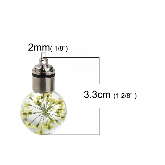 Picture of Glass & Dried Flower Pendants Ball Yellow Transparent LED Light Up 33mm(1 2/8") x 20mm( 6/8"), 2 PCs