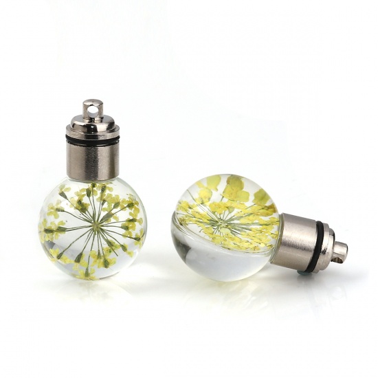 Picture of Glass & Dried Flower Pendants Ball Yellow Transparent LED Light Up 33mm(1 2/8") x 20mm( 6/8"), 2 PCs