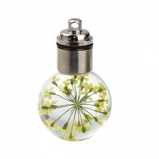 Picture of Glass & Dried Flower Pendants Ball Yellow Transparent LED Light Up 33mm(1 2/8") x 20mm( 6/8"), 2 PCs