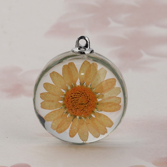 Picture of Glass & Dried Flower Pendants Round Chrysanthemum Flower Orange Transparent 35mm(1 3/8") x 30mm(1 1/8"), 2 PCs