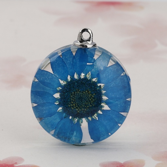 Picture of Glass & Dried Flower Pendants Round Chrysanthemum Flower Peacock Blue Transparent 35mm(1 3/8") x 30mm(1 1/8"), 2 PCs