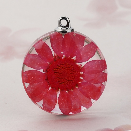 Picture of Glass & Dried Flower Pendants Round Chrysanthemum Flower Red Transparent 35mm(1 3/8") x 30mm(1 1/8"), 2 PCs