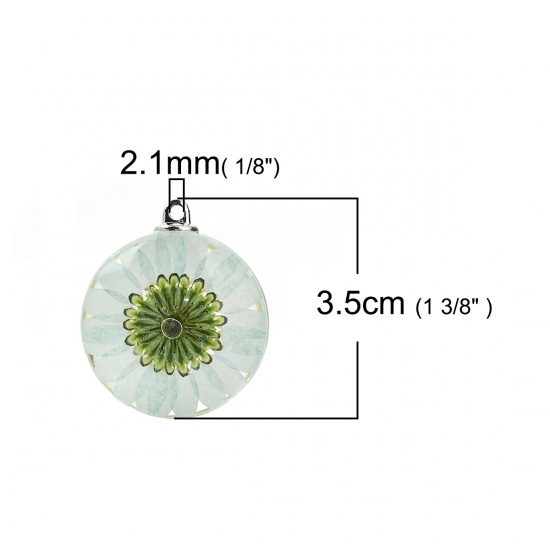 Picture of Glass & Dried Flower Pendants Round Chrysanthemum Flower Light Green Transparent 35mm(1 3/8") x 30mm(1 1/8"), 2 PCs