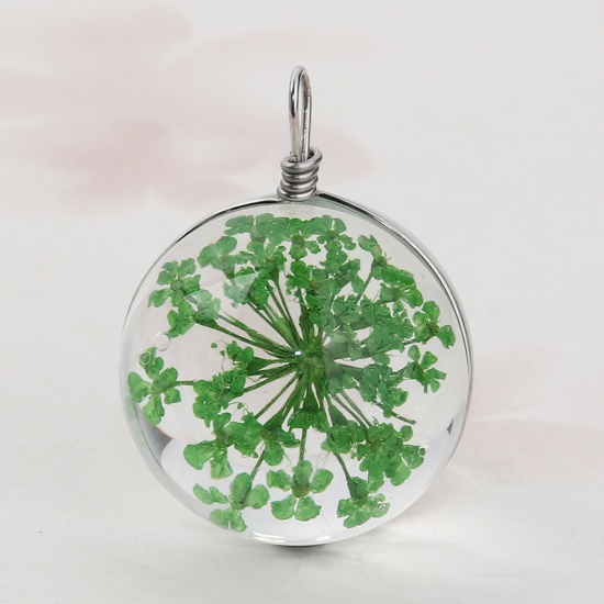 Picture of Glass & Dried Flower Charms Ball Green Transparent 28mm(1 1/8") x 20mm( 6/8"), 2 PCs