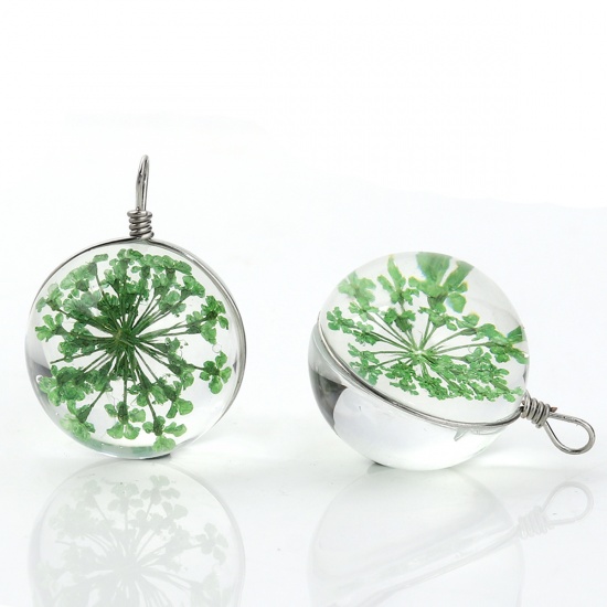 Picture of Glass & Dried Flower Charms Ball Green Transparent 28mm(1 1/8") x 20mm( 6/8"), 2 PCs