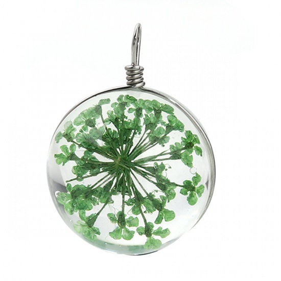 Picture of Glass & Dried Flower Charms Ball Green Transparent 28mm(1 1/8") x 20mm( 6/8"), 2 PCs