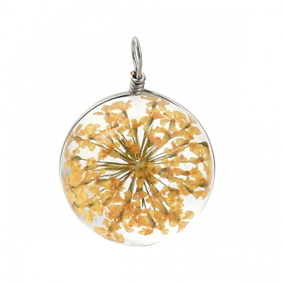 Picture of Glass & Dried Flower Charms Ball Orange Transparent 28mm(1 1/8") x 20mm( 6/8"), 2 PCs