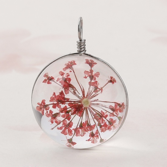 Picture of Glass & Dried Flower Charms Ball Red Transparent 28mm(1 1/8") x 20mm( 6/8"), 2 PCs