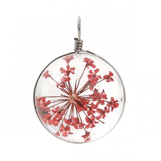 Picture of Glass & Dried Flower Charms Ball Red Transparent 28mm(1 1/8") x 20mm( 6/8"), 2 PCs