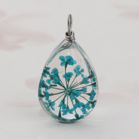 Picture of Glass & Dried Flower Charms Drop Lake Blue Transparent 25mm x13mm(1" x 4/8") - 24mm x13mm(1" x 4/8"), 2 PCs