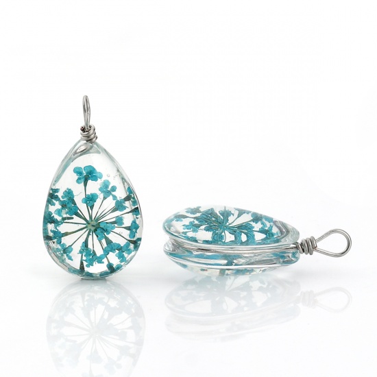 Picture of Glass & Dried Flower Charms Drop Lake Blue Transparent 25mm x13mm(1" x 4/8") - 24mm x13mm(1" x 4/8"), 2 PCs
