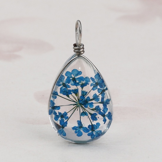 Изображение Glass & Dried Flower Charms Drop Peacock Blue Transparent 25mm x13mm(1" x 4/8") - 24mm x13mm(1" x 4/8"), 2 PCs