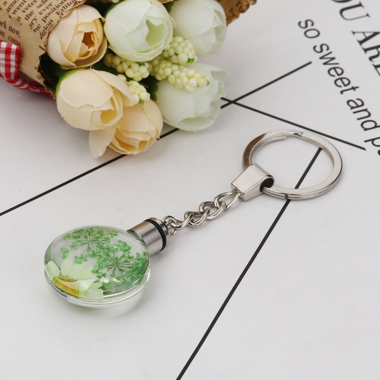 Bild von Glas & Getrockenete Blume Schlüsselkette & Schlüsselring Rund Silberfarbe Grün Transparent LED Leuchten 10.6cm x 3cm, 1 Stück