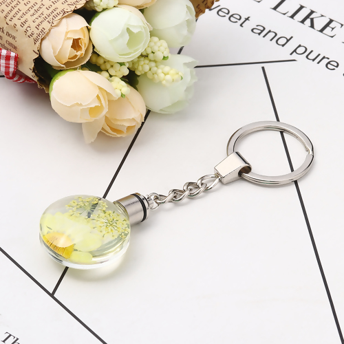 Picture of Glass & Dried Flower Keychain & Keyring Round Silver Tone Yellow Transparent LED Light Up 10.6cm x 3cm, 1 Piece