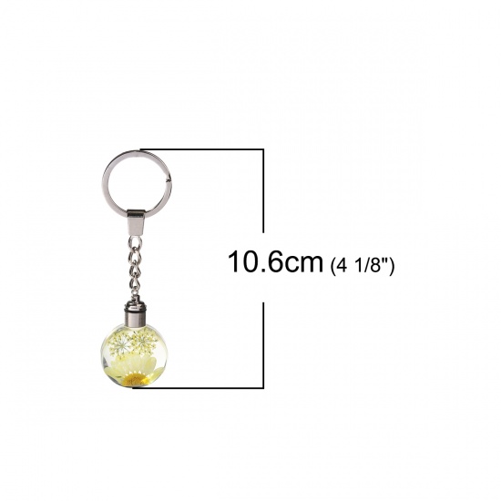 Bild von Glas & Getrockenete Blume Schlüsselkette & Schlüsselring Rund Silberfarbe Gelb Transparent LED Leuchten 10.6cm x 3cm, 1 Stück