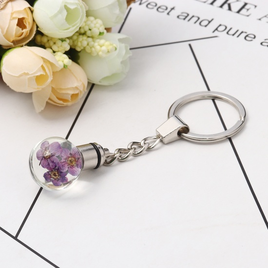 Picture of Glass & Dried Flower Keychain & Keyring Ball Silver Tone Purple Transparent Narcissus LED Light Up 9.8cm x 3cm, 1 Piece