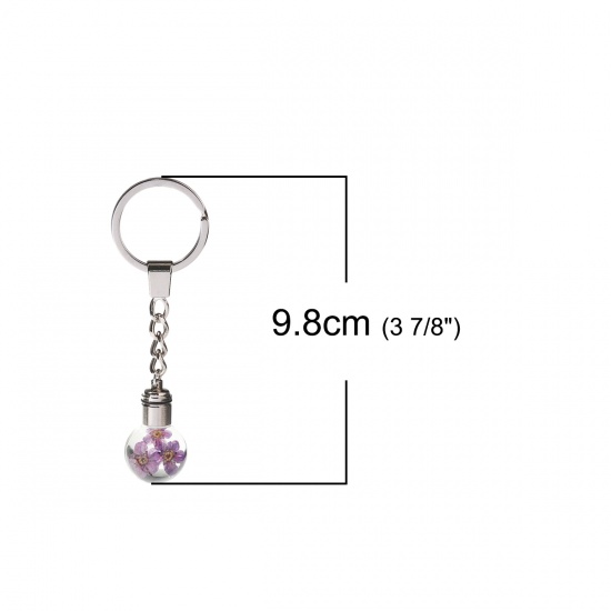 Bild von Glas & Getrockenete Blume Schlüsselkette & Schlüsselring Rund Silberfarbe Lila Transparent Narzisse LED Leuchten 9.8cm x 3cm, 1 Stück