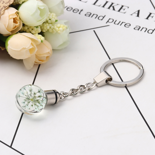 Picture of Glass & Dried Flower Keychain & Keyring Ball Silver Tone Light Green Transparent LED Light Up 9.8cm x 3cm, 1 Piece